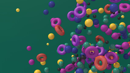 Group of bright colorful balls and circle shapes flying. Abstract illustration, 3d render.