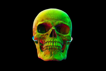 The Iridescent Human skull on Black Isolated Background. The concept art of death, horror. Design for print, poster. A symbol of spooky Halloween, Virus, immortal, pirate. 3d rendering illustration.