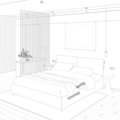 A sketch of a modern bedroom with a horizontal poster above the headboard, two bedside tables near the bed, a carpet on the tiled floor, a partition near the door, a modern wardrobe. 3d render