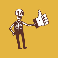 Cool skeleton holding thumb up sign, illustration for t-shirt, sticker, or apparel merchandise. With retro cartoon style.