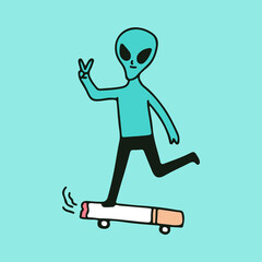 Alien character with peace hand and ride a cigarette skateboard, illustration for t-shirt, sticker, or apparel merchandise. With retro cartoon style.