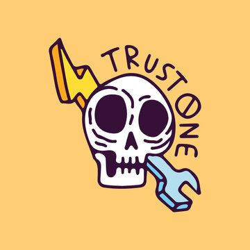 Skull head with thunder lightning and wrench, illustration for t-shirt, sticker, or apparel merchandise. With retro cartoon style.