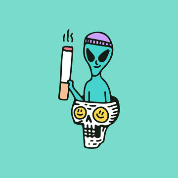 Alien character wearing beanie hat holding cigarette and chill out on the skull head, illustration for t-shirt, sticker, or apparel merchandise. With retro cartoon style.