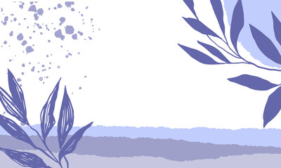 Abstract purple background in a trendy very peri palette. Minimalist leaves and plants banner with space for text