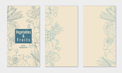 Vegetables and fruits in an engraving style set of templates. Vector background for the design of a booklet, flyer, banner of a vegetable store.