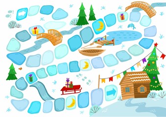 Children's Christmas board game with a winter landscape in a flat style.