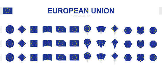 Large collection of European Union flags of various shapes and effects.