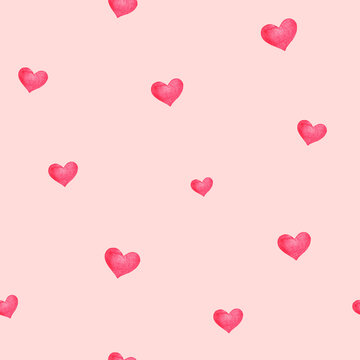 Seamless pattern with abstract
watercolor hearts on red 
background