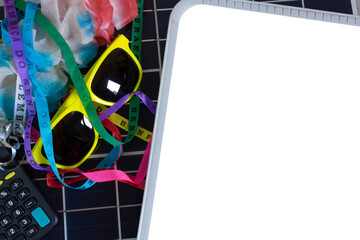 Photovoltaic solar panel with Brazilian carnival elements. Solar plate with glasses, lucky...