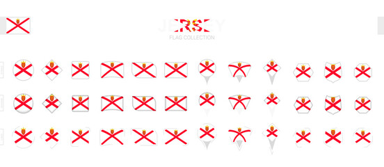 Large collection of Jersey flags of various shapes and effects.