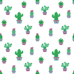 seamless pattern with cacti. potted indoor plants. pattern with thorns. green cacti on a white background. flat vector illustration