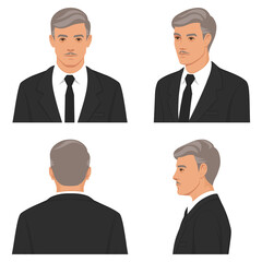 Face in front view and side view, old man Front, side, back, view animated businessman character. Flat vector illustration.