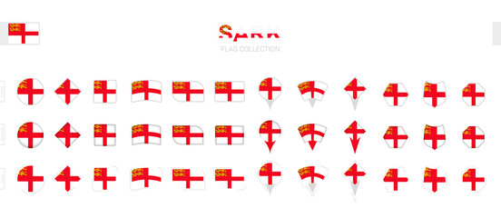 Large collection of Sark flags of various shapes and effects.