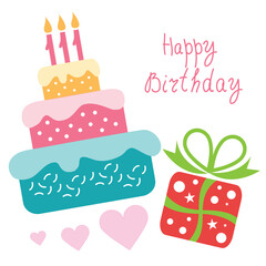 Happy Birthday ! Congratulatory poster with three-tiered birthday cake and gift with ribbons. Vector image.