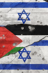 Full frame photo of a weathered flag of Palestine between two flags of Israel painted on a cracked...