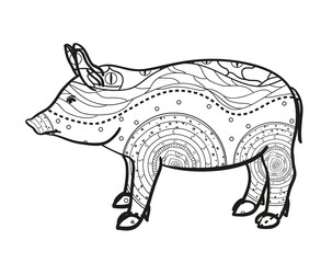 Pig on white. Hand drawn animal with intricate patterns on isolated background. Design for spiritual relaxation for adults. Image for banners, flyers and textiles. Zen art. Zentangle