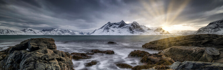 Fototapeta na wymiar Winter landscape of Norway Lofoten islands - panorama