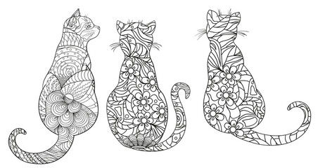 Fototapeta na wymiar Cats. Zentangle. Hand drawn cat with abstract patterns on isolation background. Design for spiritual relaxation for adults. Outline for t-shirts. Print for polygraphy, posters and textiles