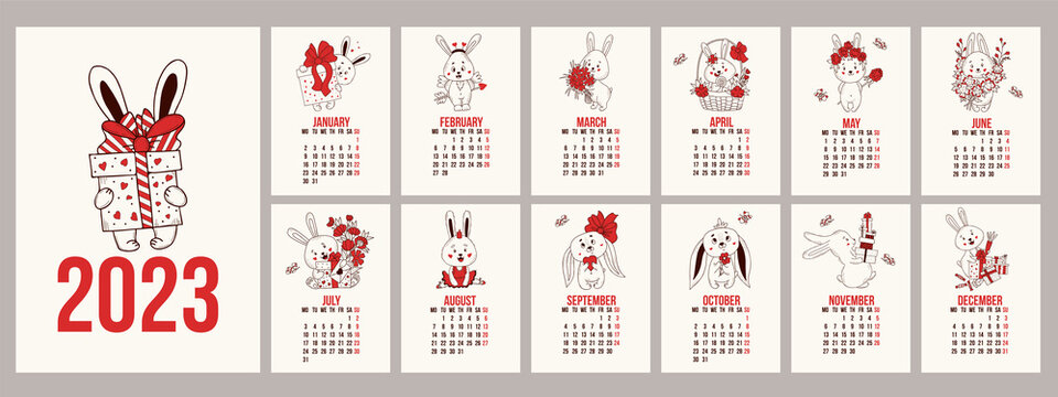 beautiful Calendar template for 2023 with cute rabbits. Vertical set of 12 pages and cover in English. Vector illustration. week on Monday. 2023 year of rabbit according to Chinese or Eastern calendar