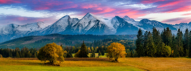 Beautiful autumn sunset over Tatra mountains in Poland