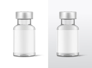 Transparent glass bottles for injections mockup. Vector illustration. Great for different backgrounds. Can be use for medicine, cosmetic and other. Perfect for final pack shot. EPS10.	