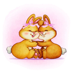 watercolor hand drawn of twin girl bunnies