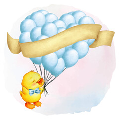 illustration of baby duckling with blue balloons - obrazy, fototapety, plakaty