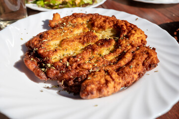 Dinner at guachinche, typical Canary Island establishment on Tenerife, where locally produced white or red wine served accompanied by homemade traditional food, oil-fried corn tortilla