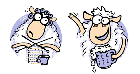 Seth strict mother sheep and cheerful drunk crazy lamb waving hand in greeting and holding mug of beer © Liudmyla Taranenko