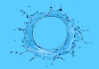 Round Blue splash of pure water with splashes and drops. Place for text inside of ring, isolated on blue background. 3d illustration.