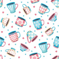 Seamless pattern with different cups of coffee or tea. Vector illustration.
