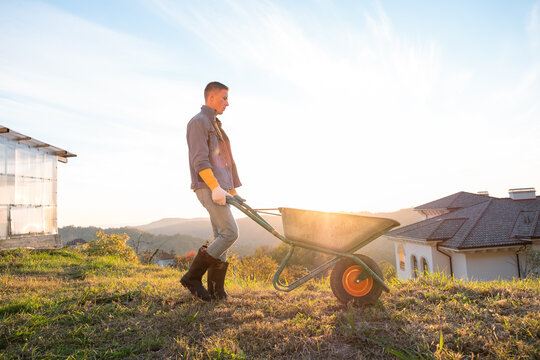 Male gardener with wheelbarrow working on farm