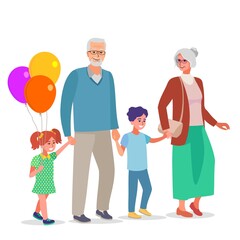 Happy big family, children and grandparents smiling and standing together. Vector flat illustration.