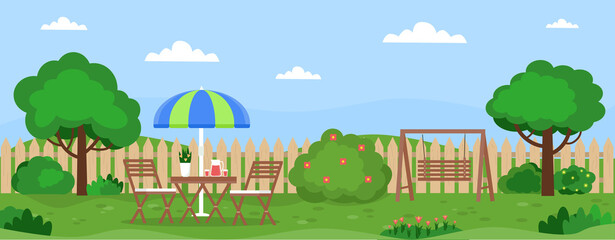 Horizontal banner with house backyard, trees, bushes, lawn, flowers. Relax zone with table, chairs, swing. Vector illustration in flat style.