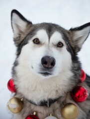 A portrait of a cute and funny malamute with a New Year necklace