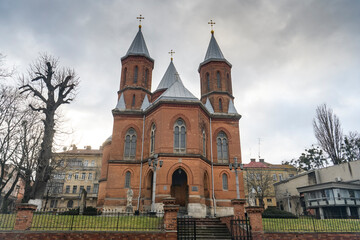 Fototapeta na wymiar Historical Armenian Church of the Holy Apostles Peter and Paul in Chernivtsi, Ukraine. December 2021