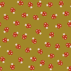 Seamless pattern with little amanita on green background