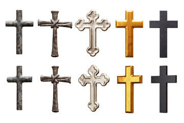 Set of Christian crosses in various styles and materials isolated on white background. 3D rendering