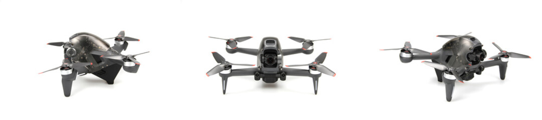 FPV-Drohne | Image-Set | diverse Winkel mit Schatten auf weißem Hintergrund freigestellt