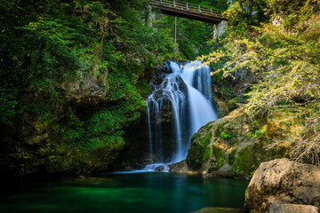 Radnova River and majestic Waterfall Sum, Vintgar Gorge, slovenia