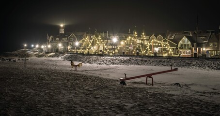 Harbour and beach with snow - obrazy, fototapety, plakaty