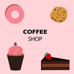 Vector illustration of items from a coffee shop on a white background. The objects can be used to design various menus, brochures, posters, flyers.