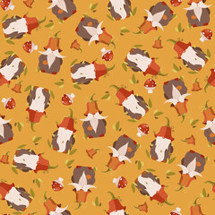 Seamless pattern with gnomes and flowers on yellow background