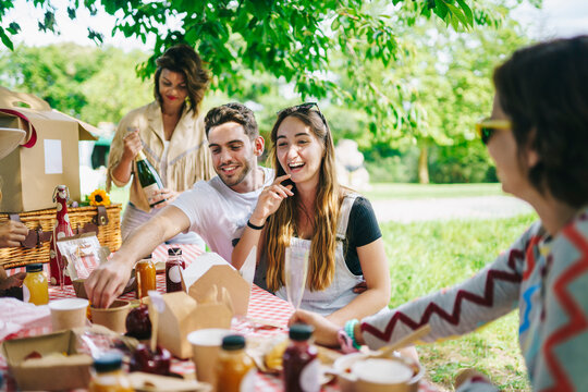 Positive young friends laughing during picnic