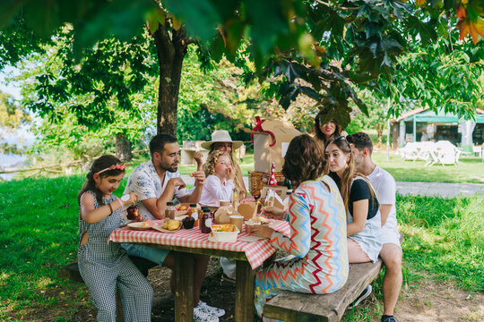 Friends with children chatting during picnic