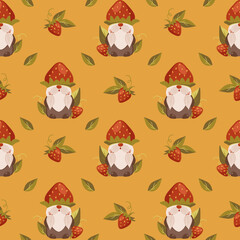 Seamless pattern with gnomes and strawberry on yellow backgroung