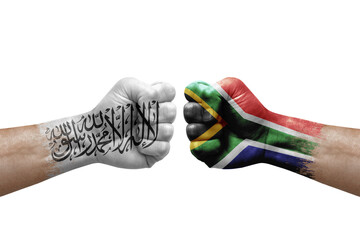 Two hands punch to each others on white background. Country flags painted fists, conflict crisis concept between afghanistan and south africa