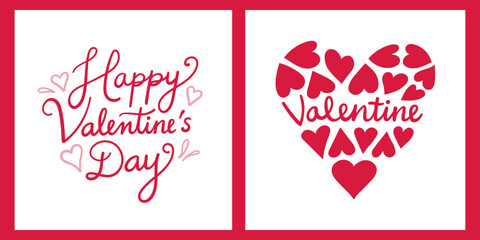 Valentine’s Day square cards with hand lettering and hearts. Vector illustration