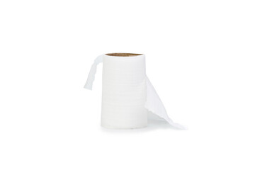 A roll of used toilet paper on a white background.