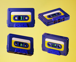Obraz premium 3d illustration blue audio music retro cassette tapes on yellow color, 3d rendering. In the style of the 90s. 3d rendering.